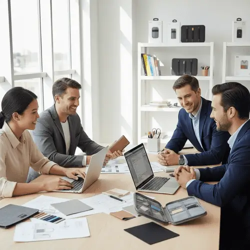 Diverse team collaborating around phone cases and organizers in a warm studio workspace