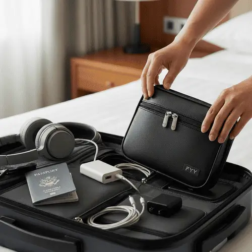 FYY electronic organizer and phone case with headphones, passport, cables and accessories neatly organized in black travel organizer bag