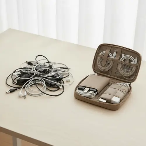 Before and after comparison: FYY electronic organizer transforming tangled cables and messy cords into neatly organized tech accessories