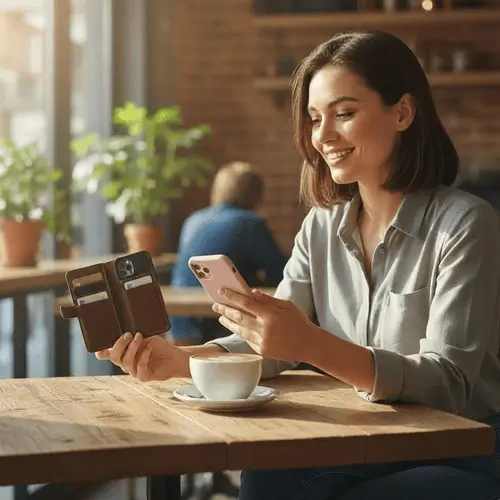 Portrait of satisfied customer holding a FYY phone case.
