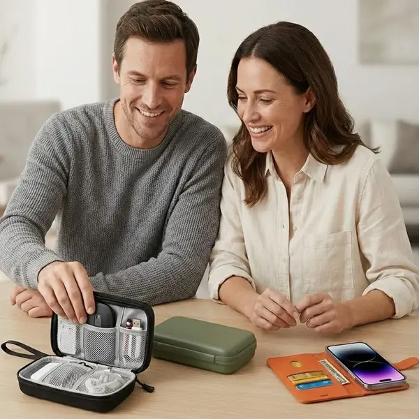 Hero banner showing phone case, travel cable organizer pouch, and accessory case on a neutral tabletop