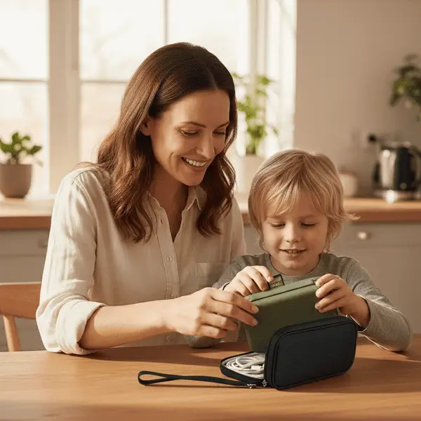 Parent and child using a game case and compact organizer at home showing everyday usefulness
