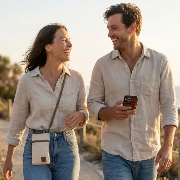 Outdoor lifestyle shot of friends using phone case and compact pouch in natural light