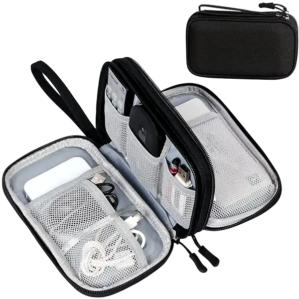 Black waterproof travel cable organizer pouch with dual layers and pockets
