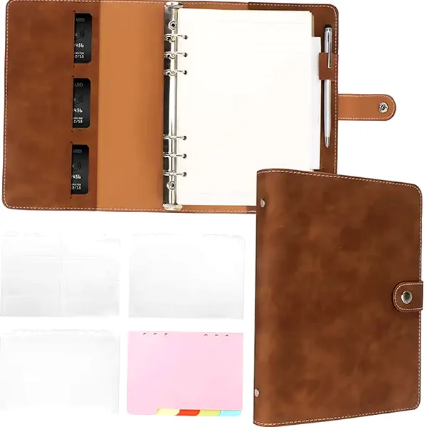Brown A5 PU leather refillable planner with pockets and dividers