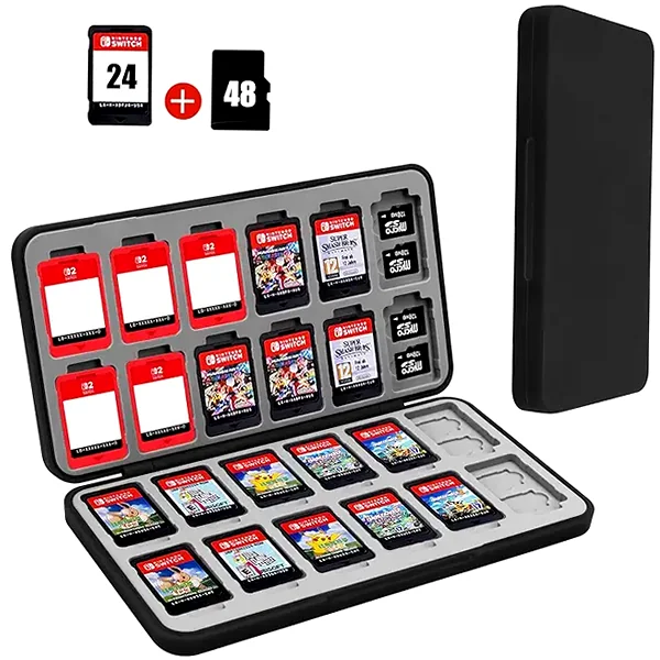 Black hard-shell Nintendo Switch game case with slots for cartridges and microSD