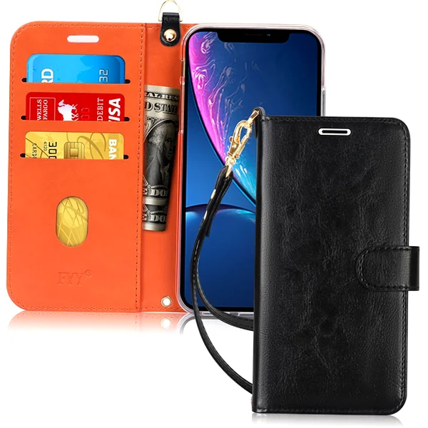 Black flip folio leather wallet phone case with kickstand and card pockets